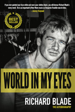 The photo shows the cover of Richard Blade's autobiography titled "Word In My Eyes" and the cover shows a an iconic photo of Richard Blade in the 80s.