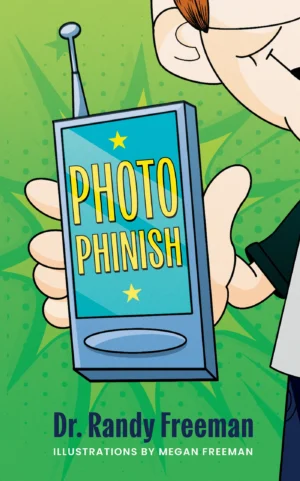 Front cover for Photo Phinish, showing a man holding a phone with the title on its screen.