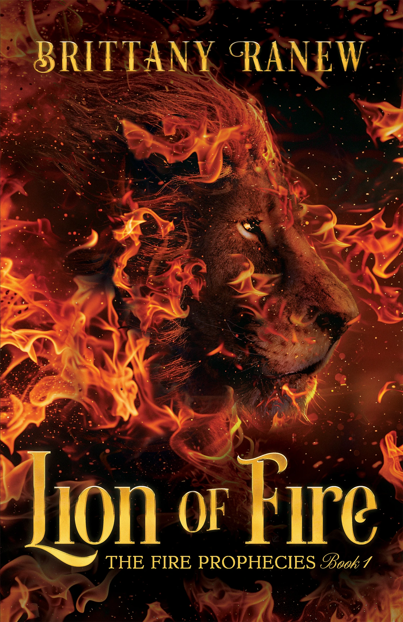 The front cover of a romantasy book titled Lion of Fire, with a flaming lion on the cover and the title.